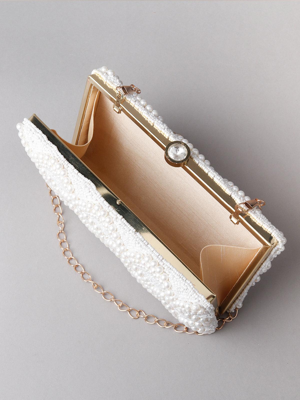 Enticing Rectangular White Pearly Clutch! - Odette