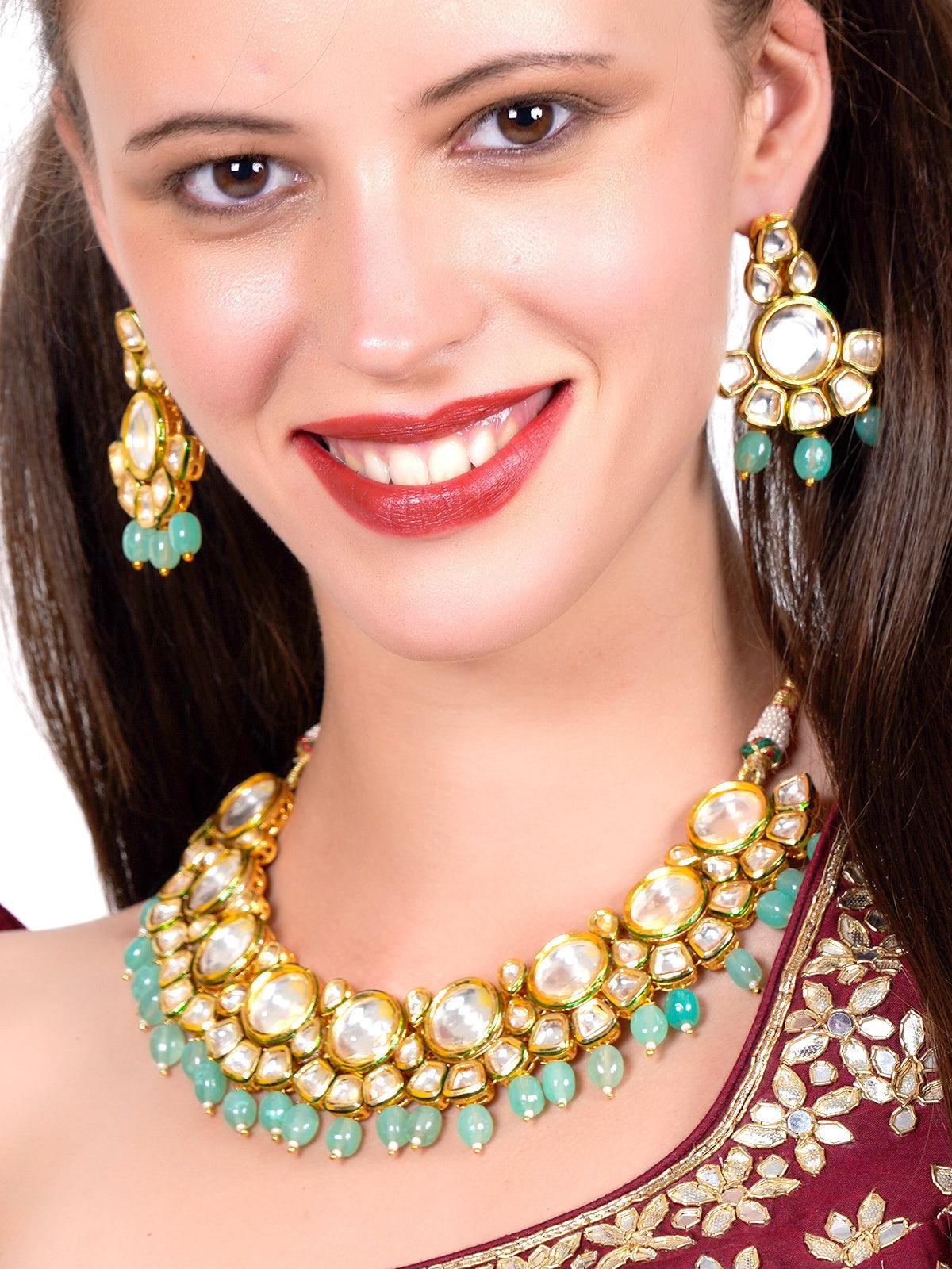 Ethnic heavy semiprecious kundan & enameled necklace with earrings! - Odette