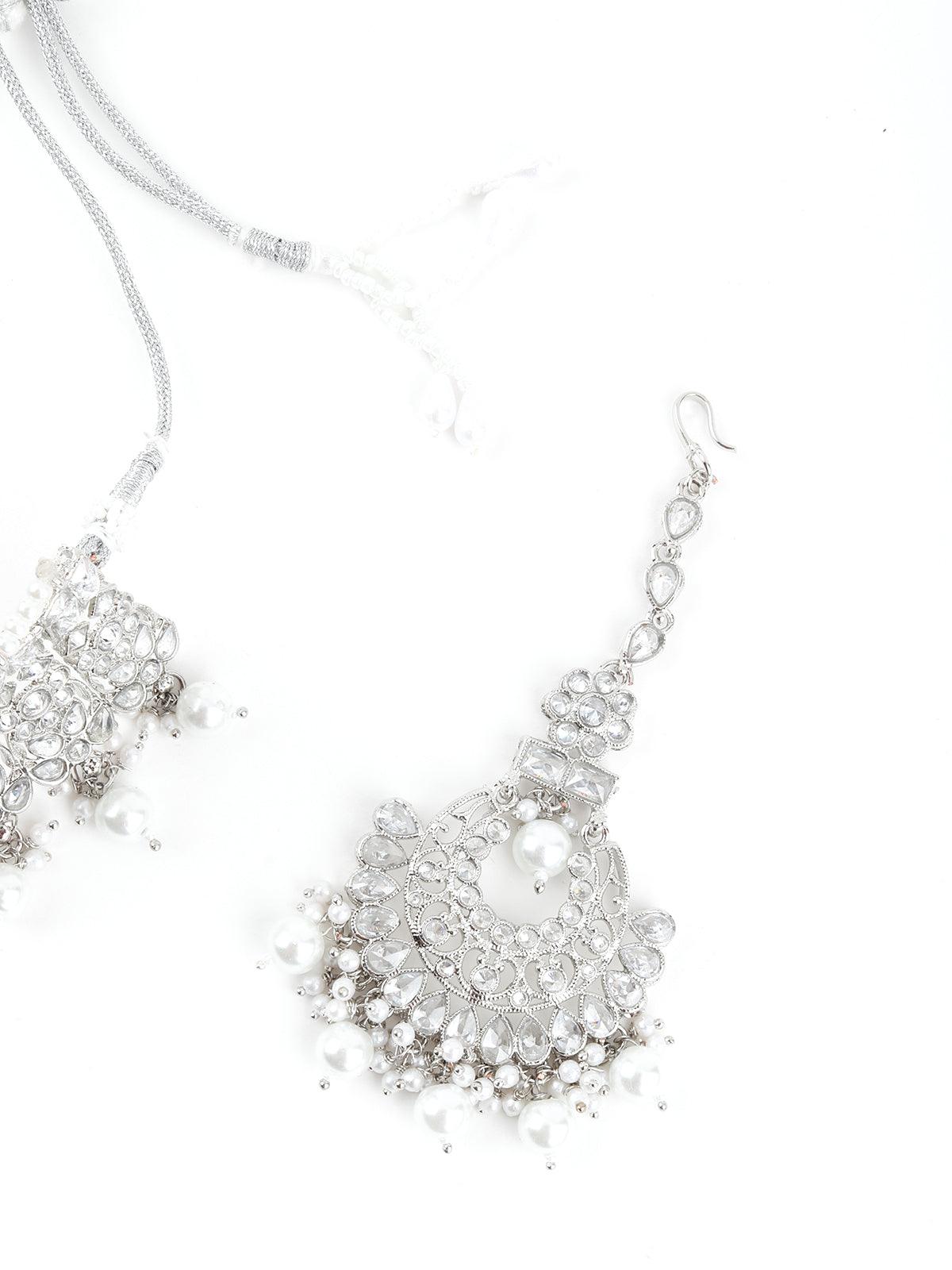 Ethnic Silver Crystal Embellished Choker Necklace Set - Odette