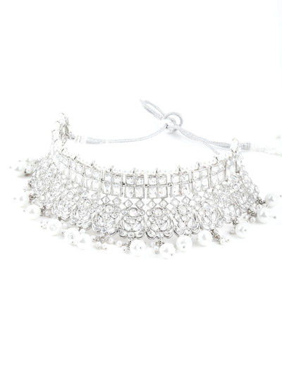 Ethnic Silver Crystal Embellished Choker Necklace Set - Odette