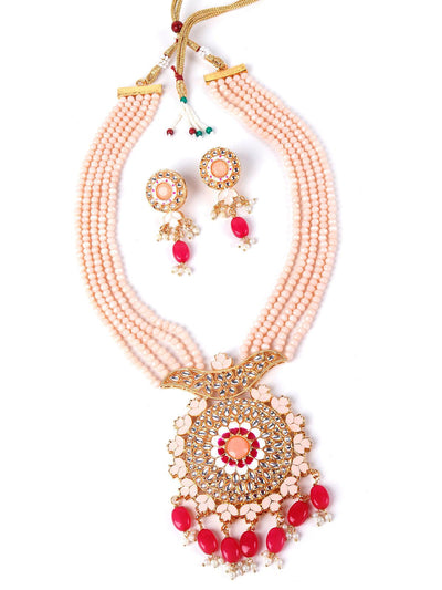 Exquisite peach Kundan work necklace set - Odette