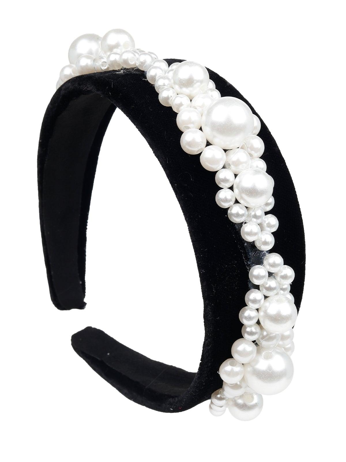 Exquisite Pearl Hairband On A Black Velvet Base - Odette
