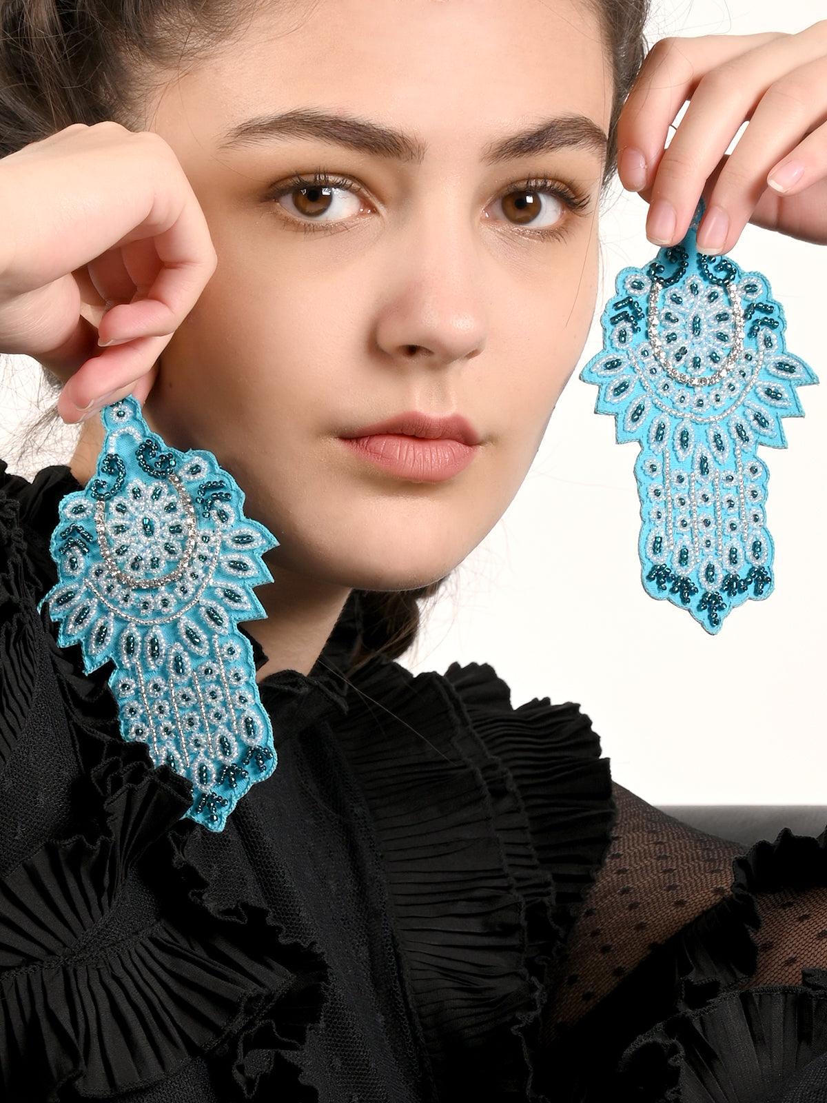 Extensive Blue Coloured Beadwork Earrings - Odette
