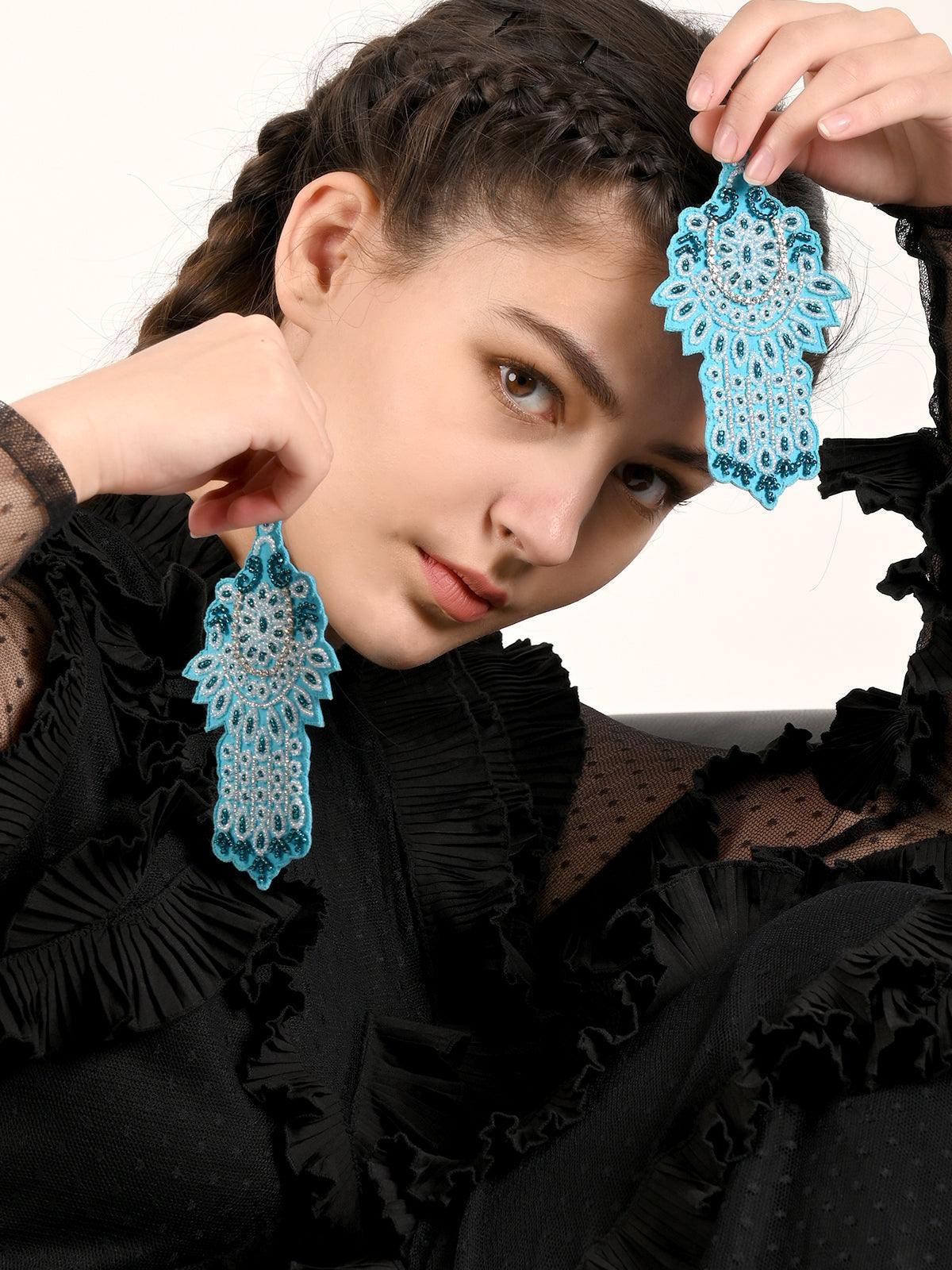 Extensive Blue Coloured Beadwork Earrings - Odette