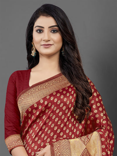 Odette Women Maroon Woven Blend Silk Saree With Unstitched Blouse