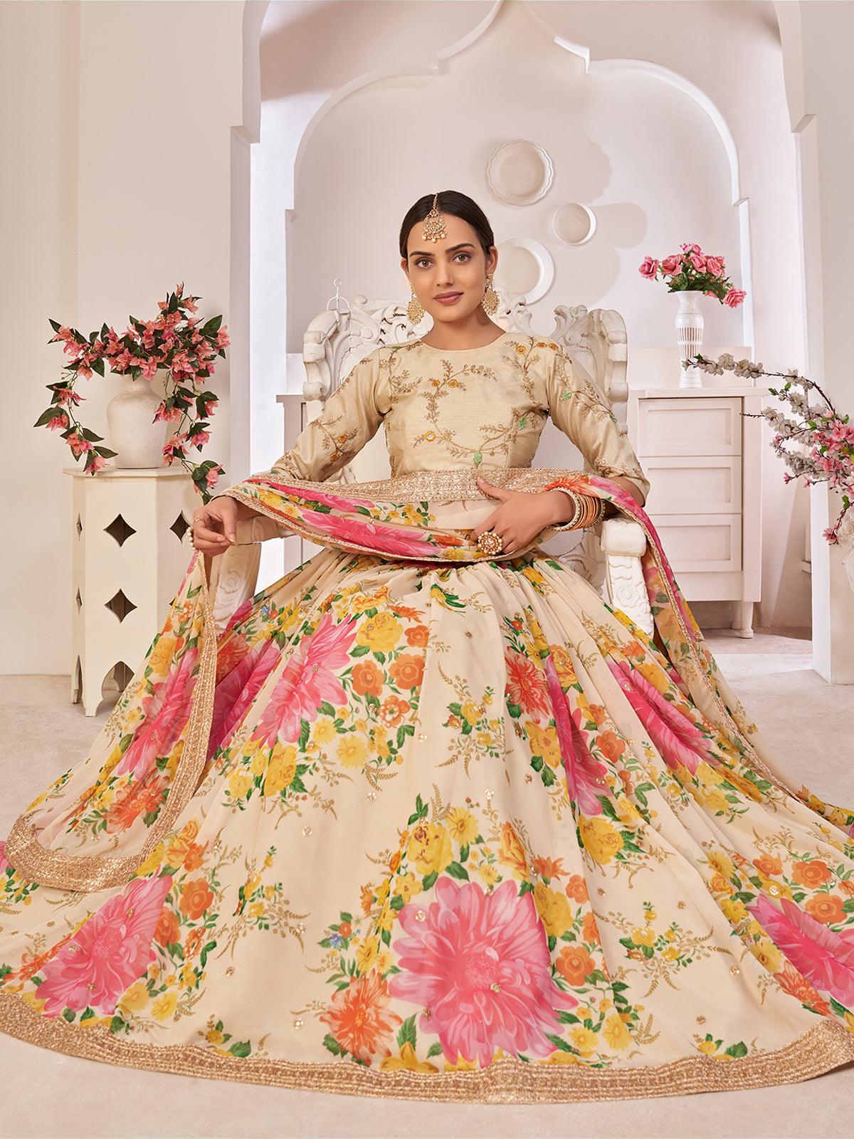 Odette Women Floral Cream Georgette Semi Stitched Lehenga With Unstitched  Blouse