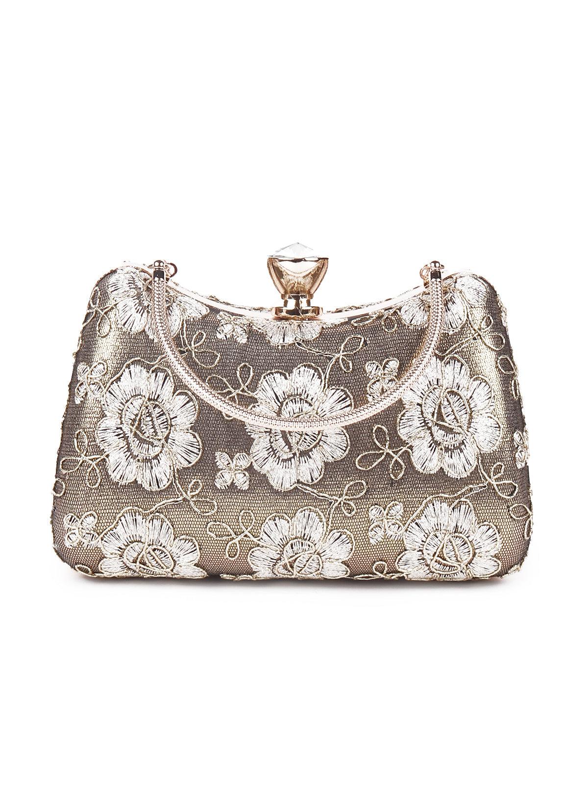 Floral gold  lace clutch for women - Odette