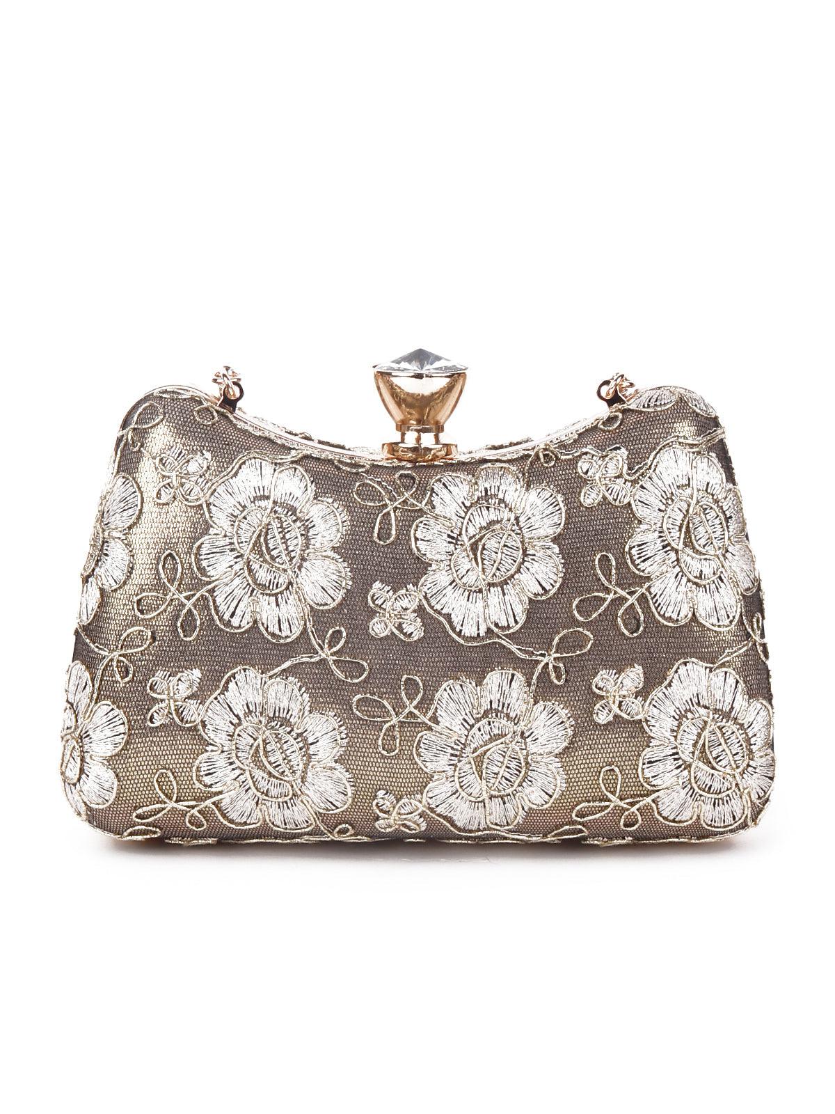 Floral gold  lace clutch for women - Odette