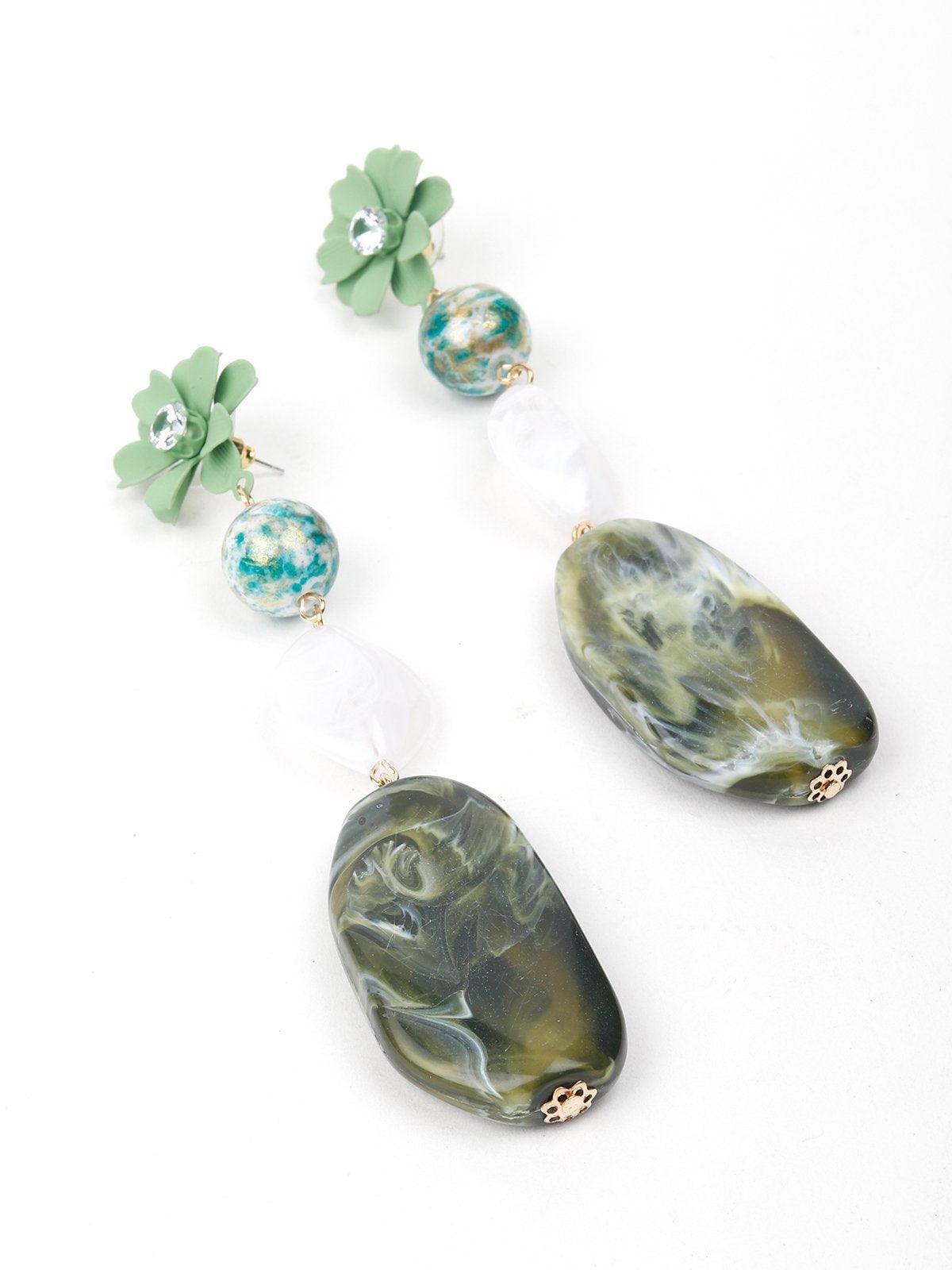 Floral Green Textured Stone-Embellished Earrings - Odette