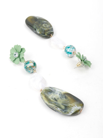 Floral Green Textured Stone-Embellished Earrings - Odette