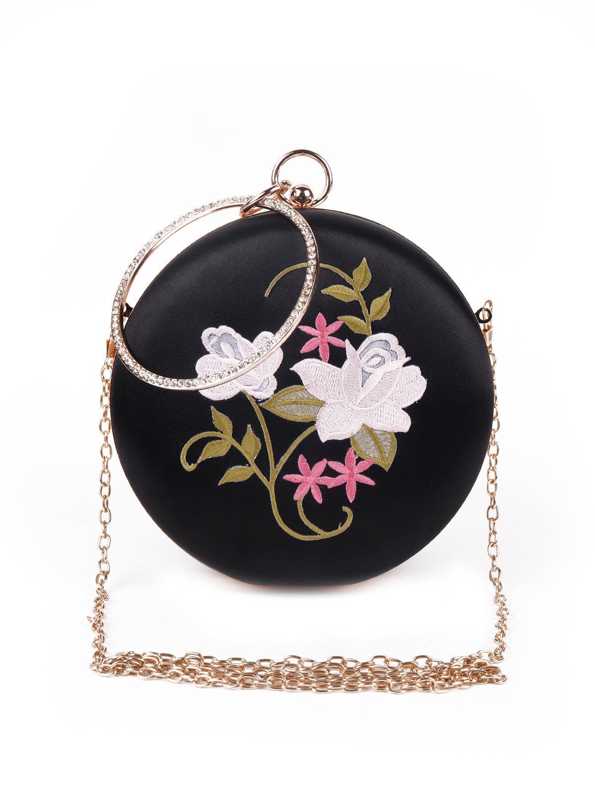 Floral Jet black rounded stylish sling bag - Odette