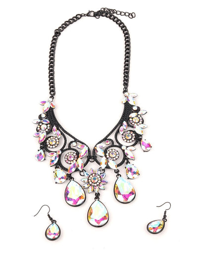Floral Necklace With Reflective Rhine Stone Droppings - Odette