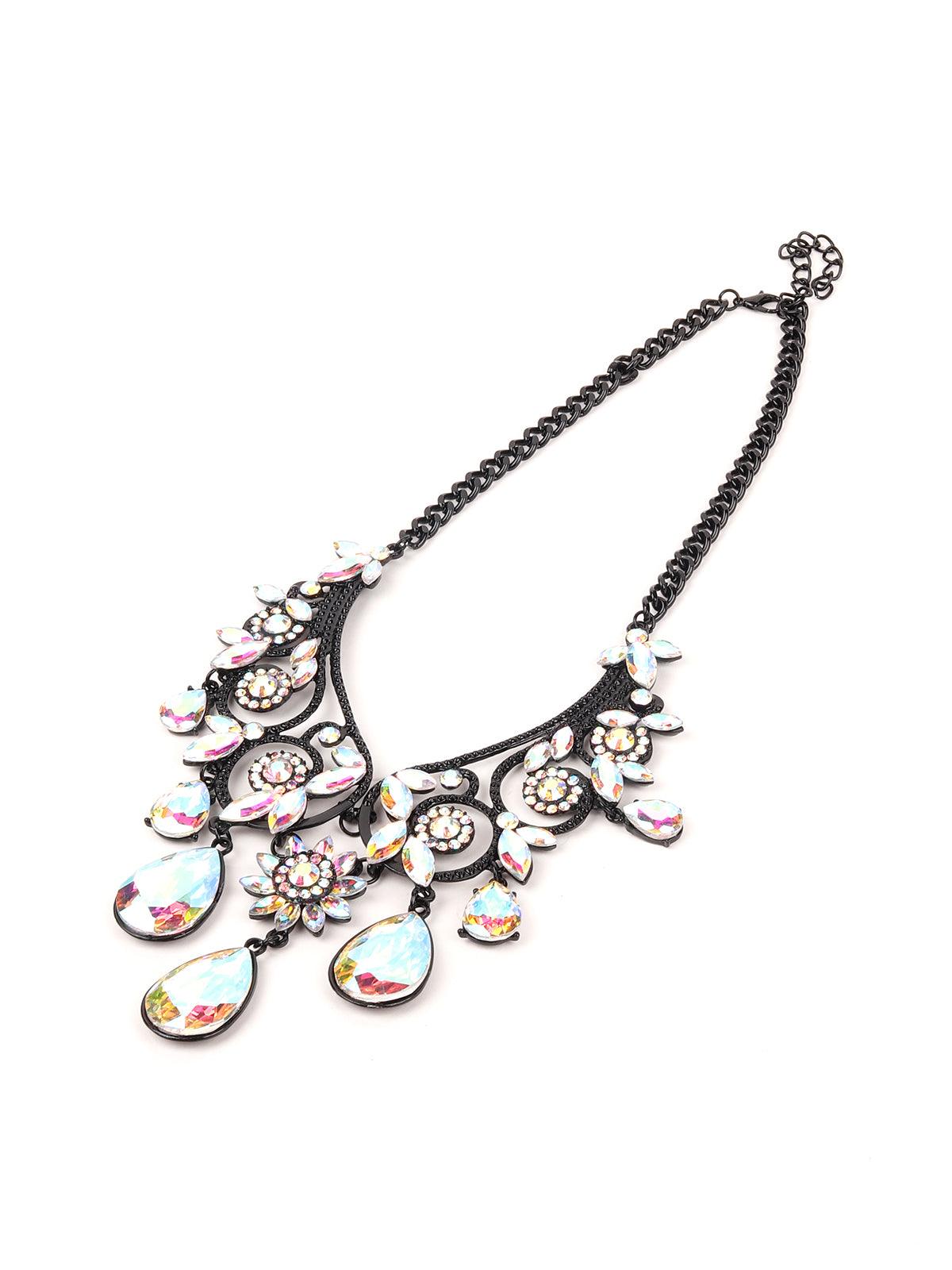 Floral Necklace With Reflective Rhine Stone Droppings - Odette