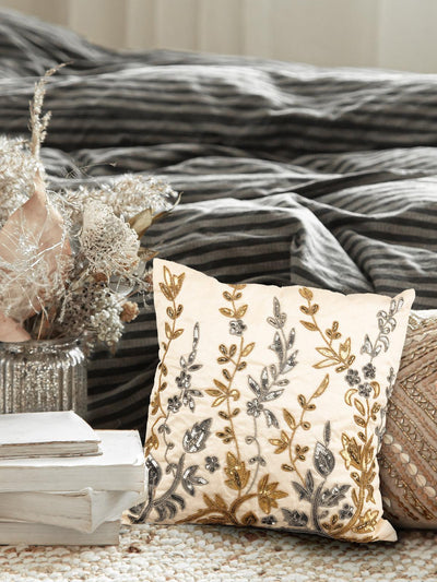 Floral Off-White Sequin Cushion Cover - Odette