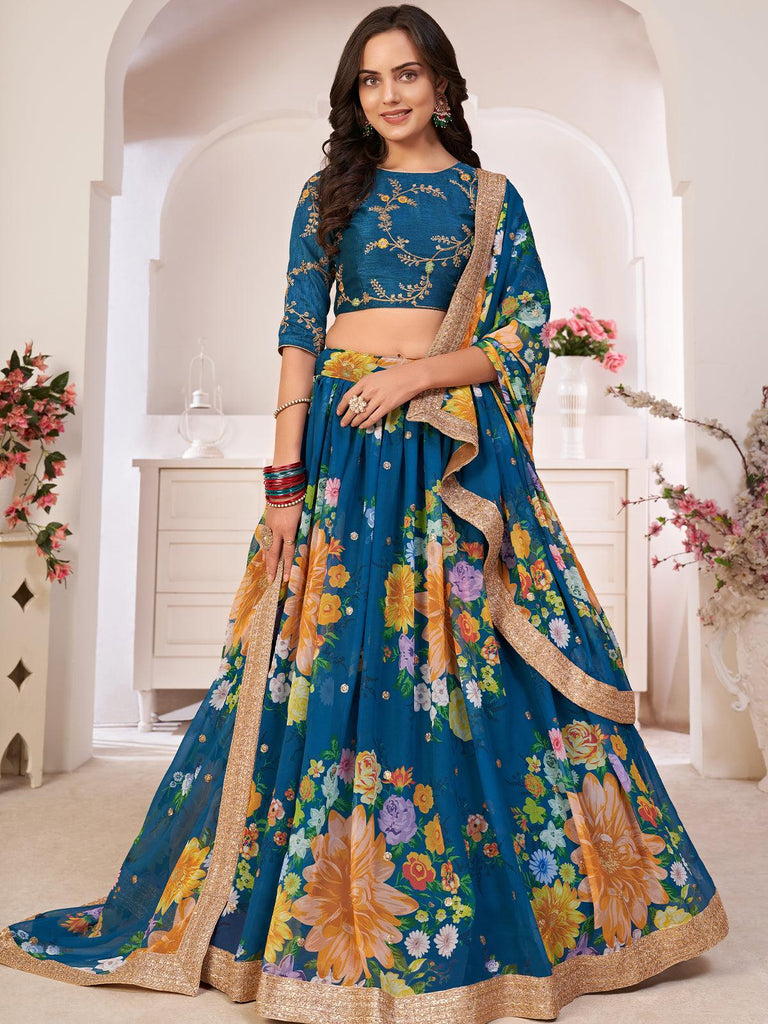 Women's Navy Blue Floral Lehenga Choli Set - Geeta Fashion – Trendia