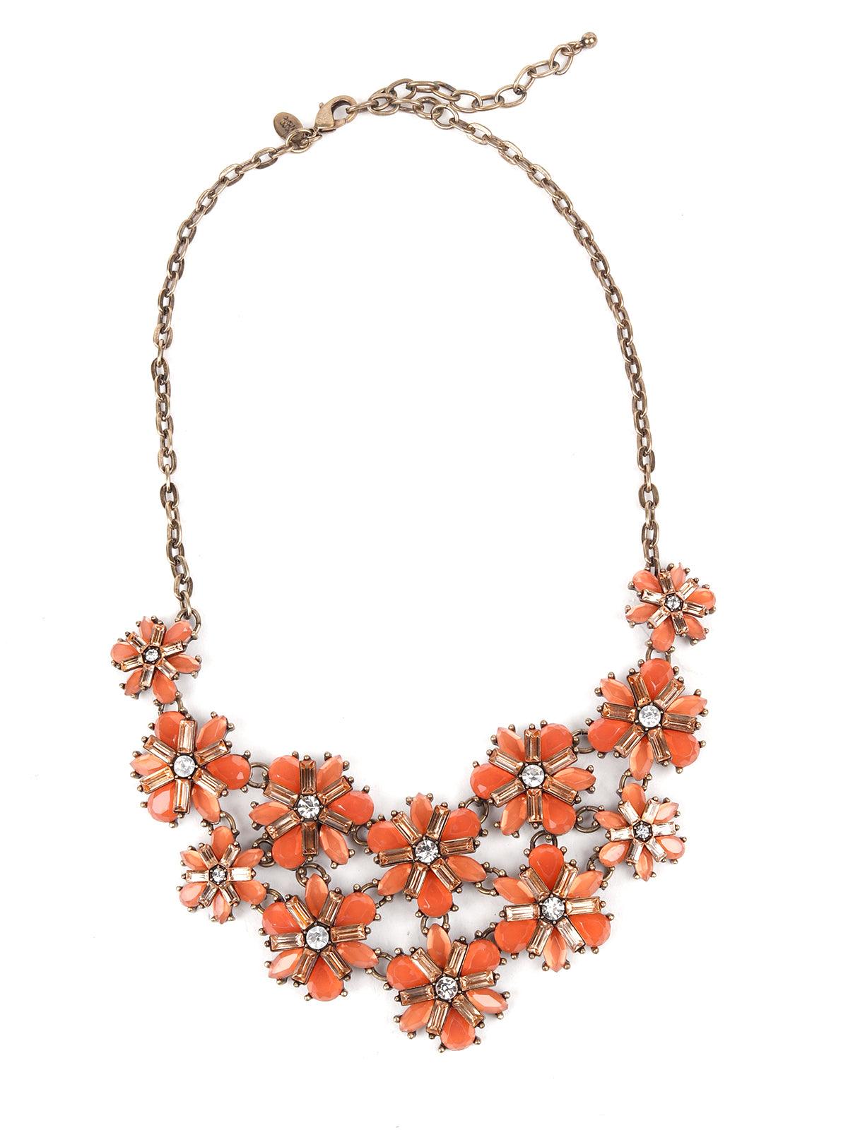 Floral Studded Orange Necklace - Odette