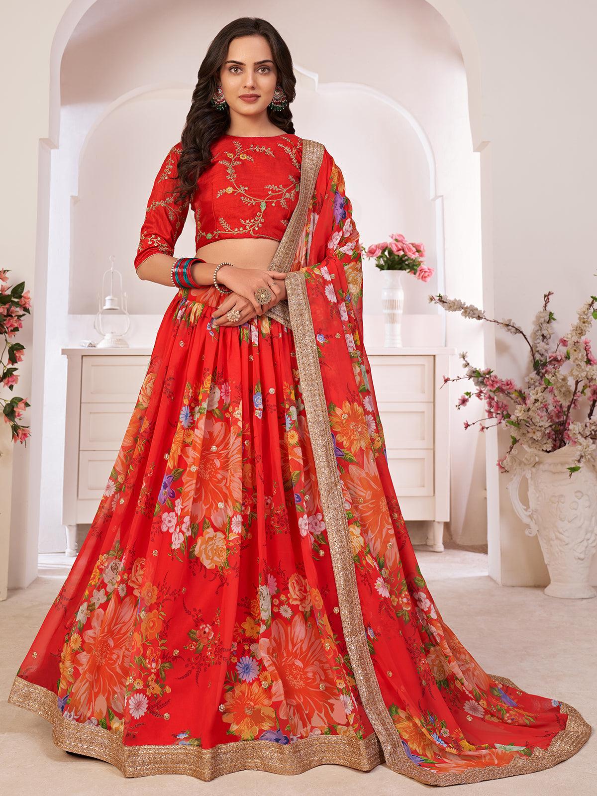 Buy Orange and red Banarasi silk wedding lehenga choli in UK, USA and Canada