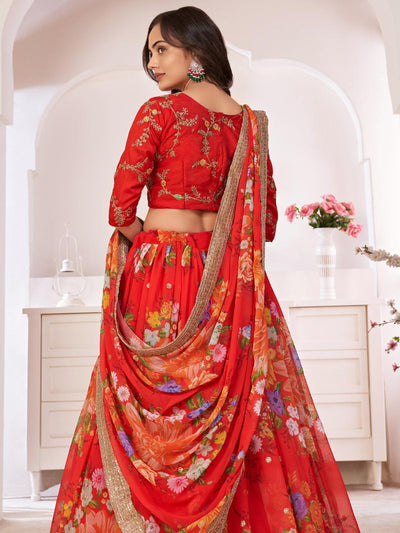 Floral Tomato Red Georgette Lehenga Choli Set - Odette