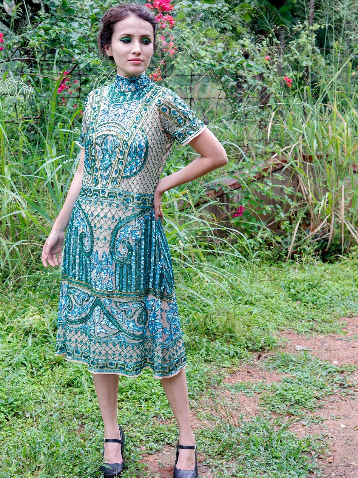 Buy Fully Beaded Turtle Neck Sequence Dress-Turquoise Online. – Odette