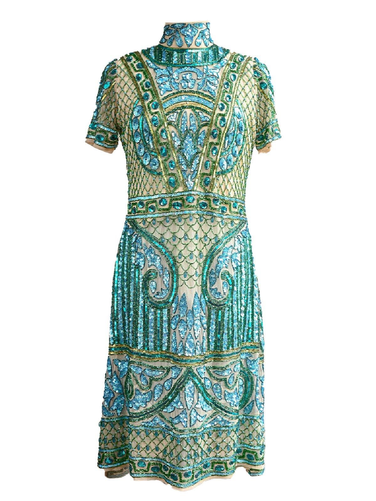 Buy Fully Beaded Turtle Neck Sequence Dress-Turquoise Online. – Odette