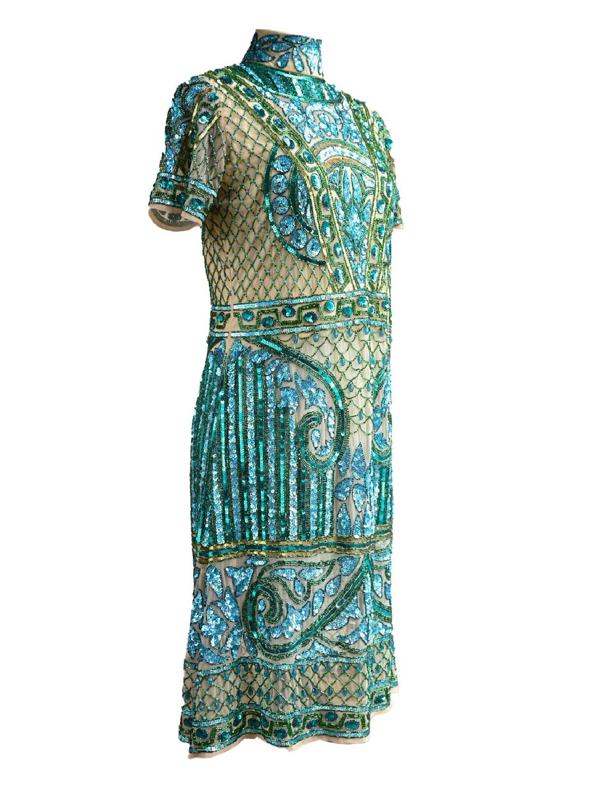 Buy Fully Beaded Turtle Neck Sequence Dress-Turquoise Online. – Odette