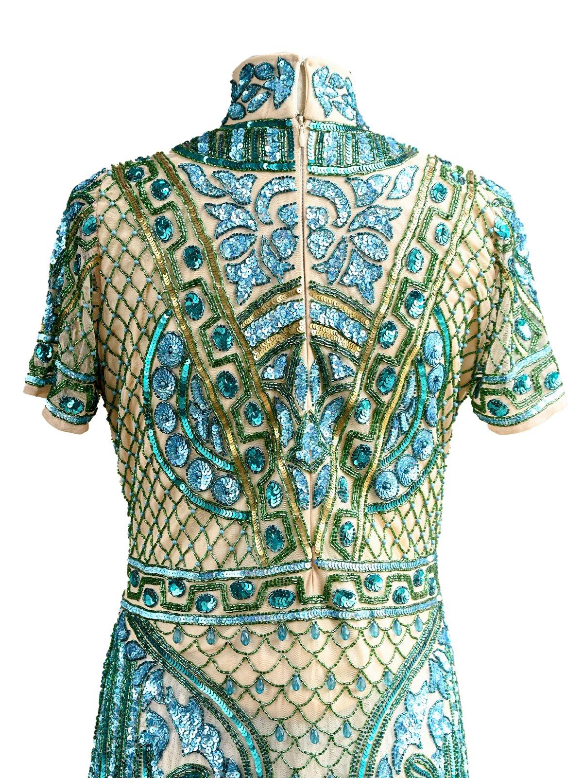 Fully Beaded Turtle Neck Sequence Dress-Turquoise - Odette