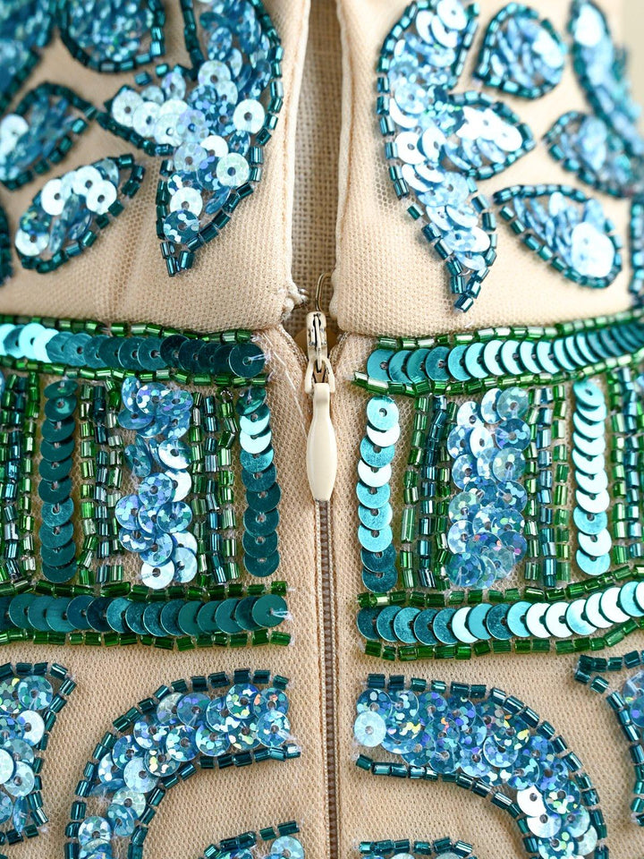 Buy Fully Beaded Turtle Neck Sequence Dress-Turquoise Online. – Odette