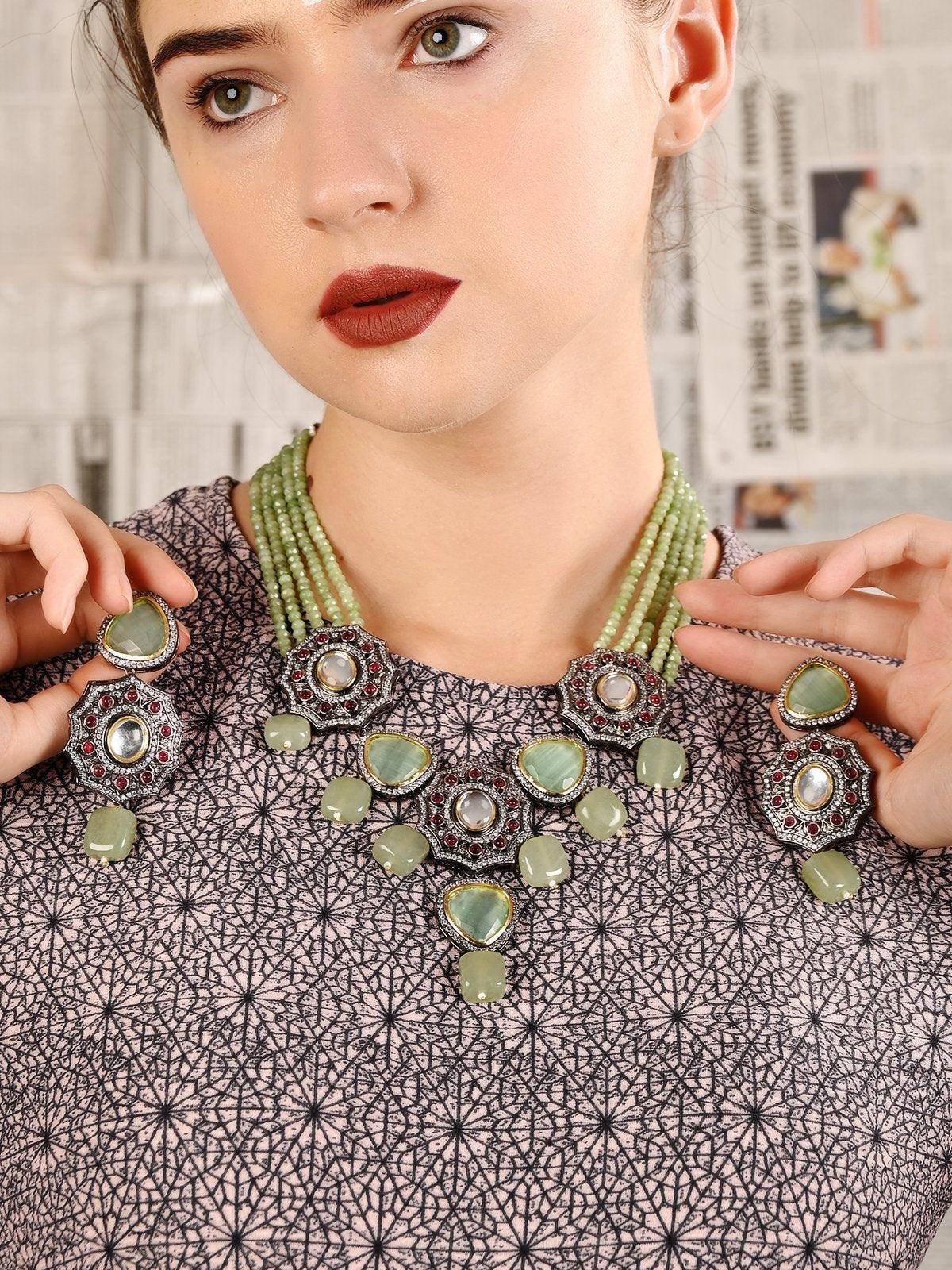 Geometric Mint Green Stone Floral Statement Necklace Set. - Odette