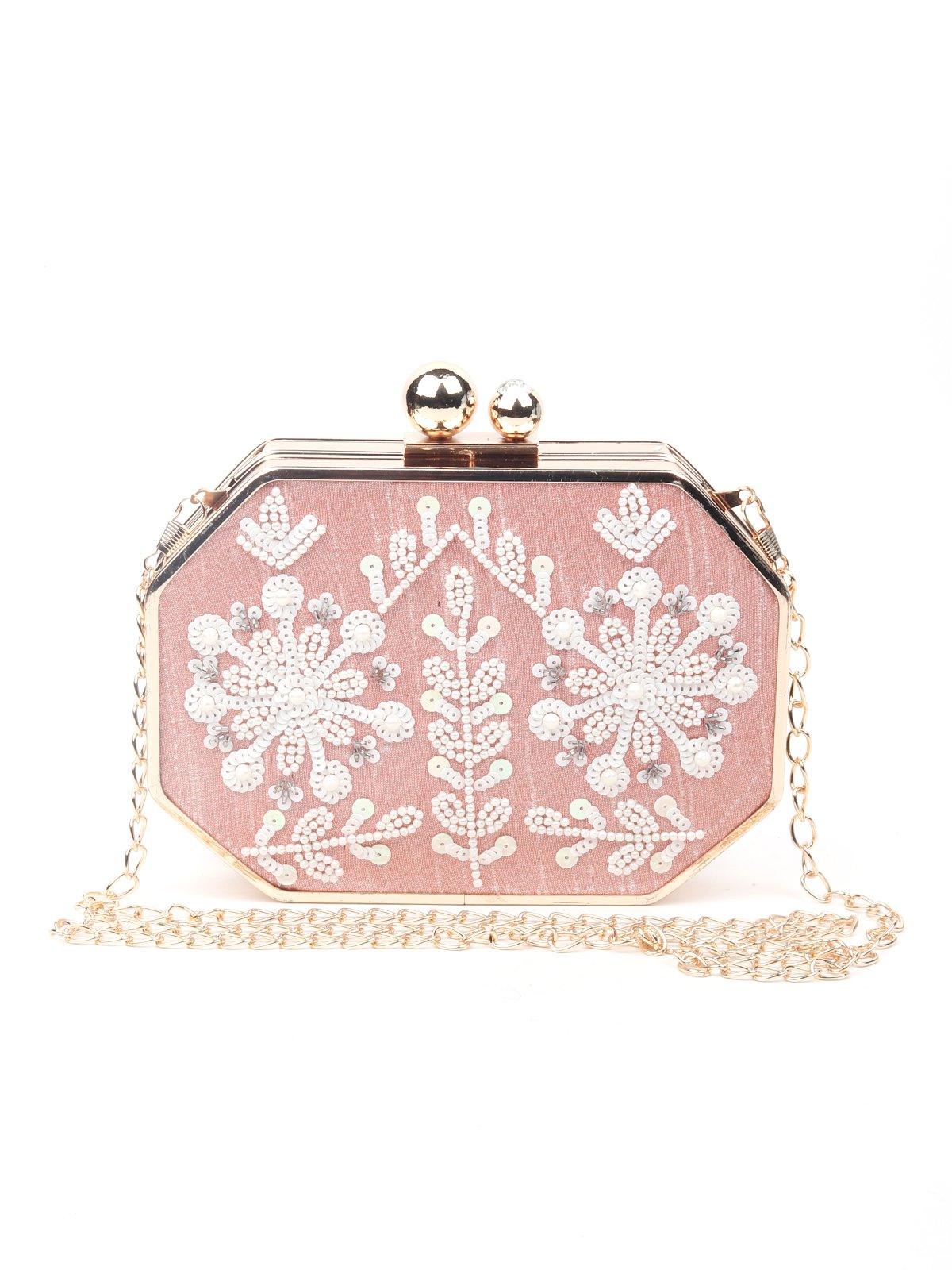 Geometric shaped pink beaded embroidery clutch/sling bag - Odette