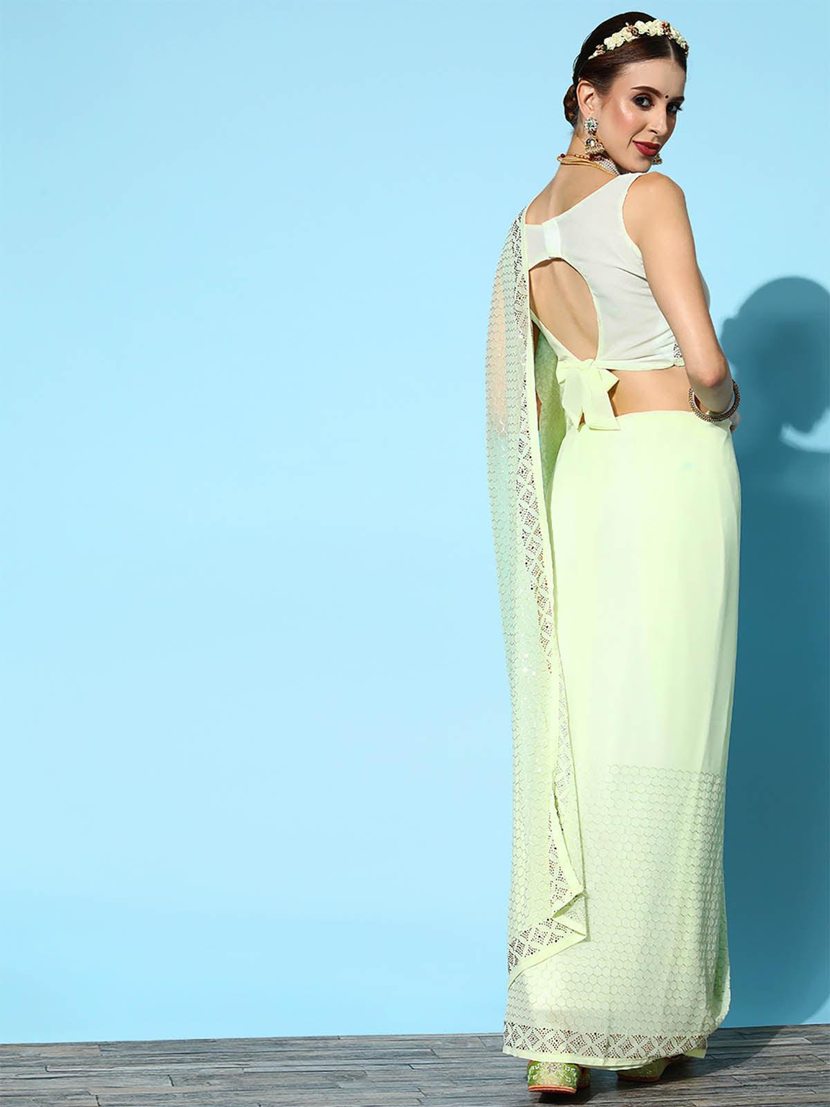 Georgette Olive Embellished Designer Saree With Blouse Piece - Odette