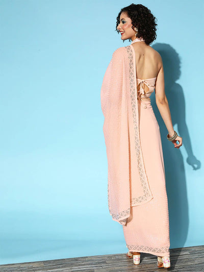 Georgette Peach Embellished Designer Saree With Blouse Piece - Odette