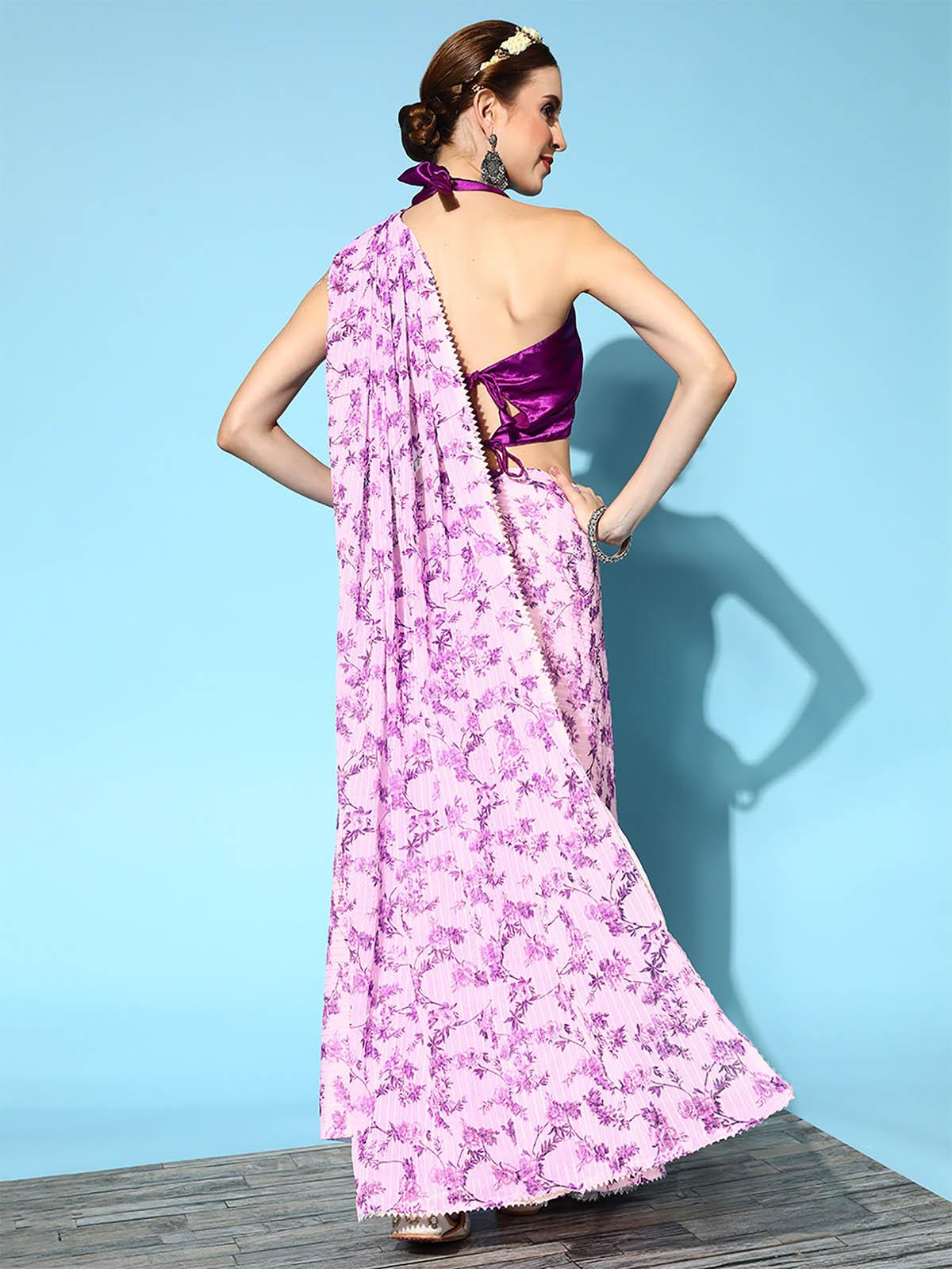 Georgette Purple Embellished Designer Saree With Blouse Piece - Odette