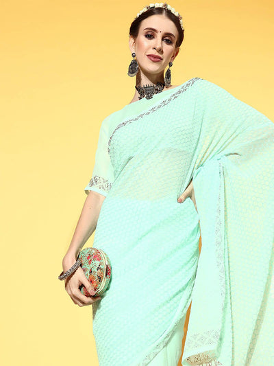 Georgette Sea Green Embellished Designer Saree With Blouse Piece - Odette