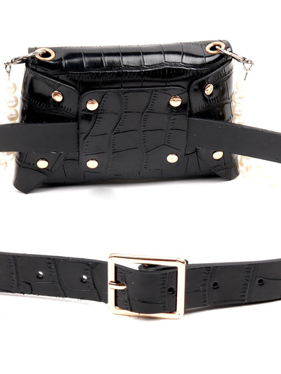 Glossy black croc printed bag with faux pearl chain - Odette