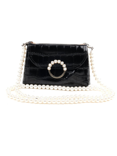 Glossy black croc printed bag with faux pearl chain - Odette