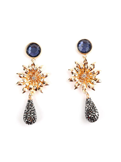 Gold And Blue Delicate Flower Drop Earrings - Odette