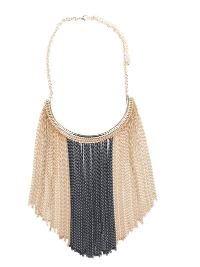 Gold And Grey Drop Down Tassel Necklace. - Odette