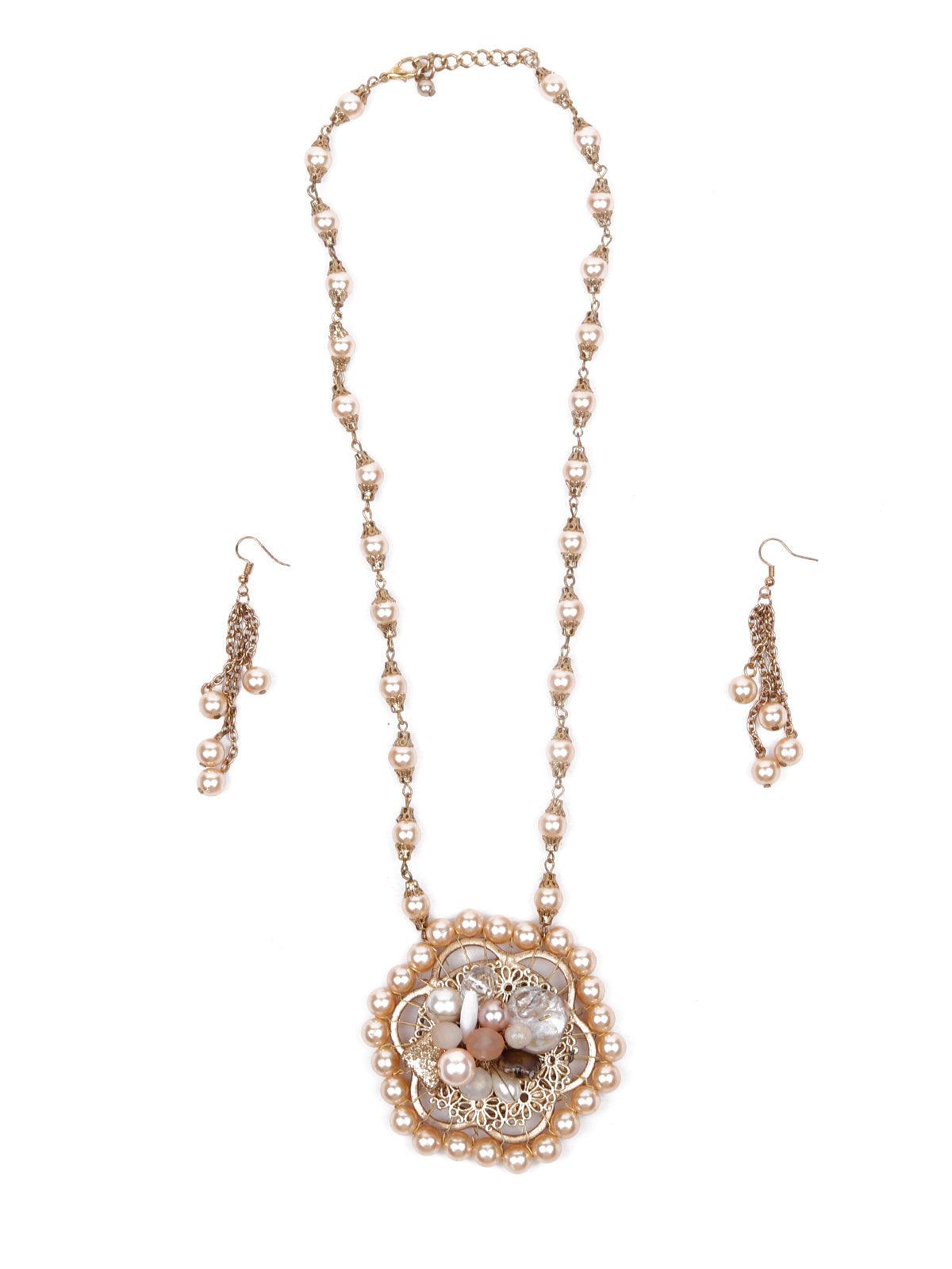 Gold beaded pendant necklace set - Odette
