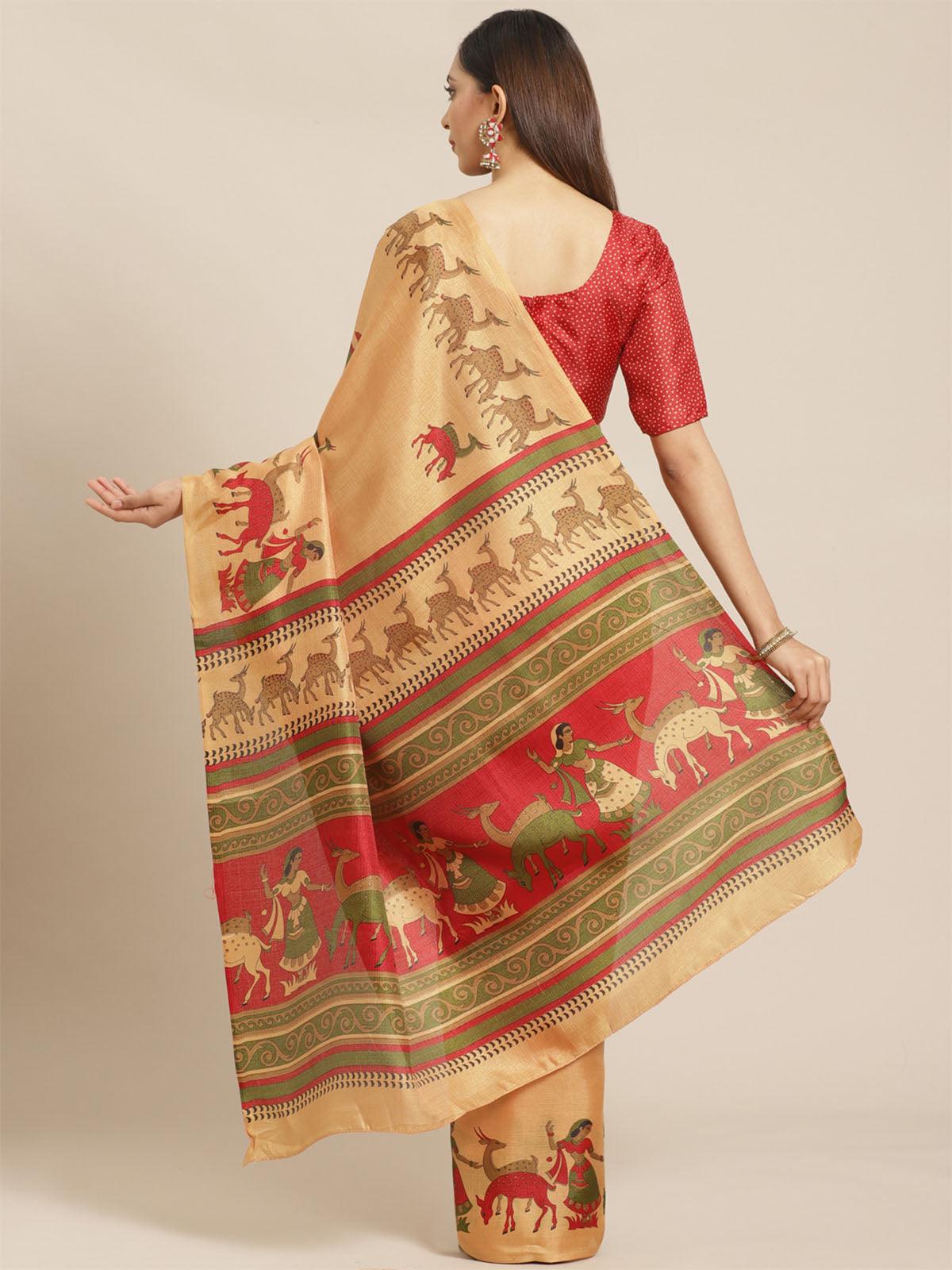 Gold Casual Bhagalpuri Printed Saree With Unstitched Blouse - Odette