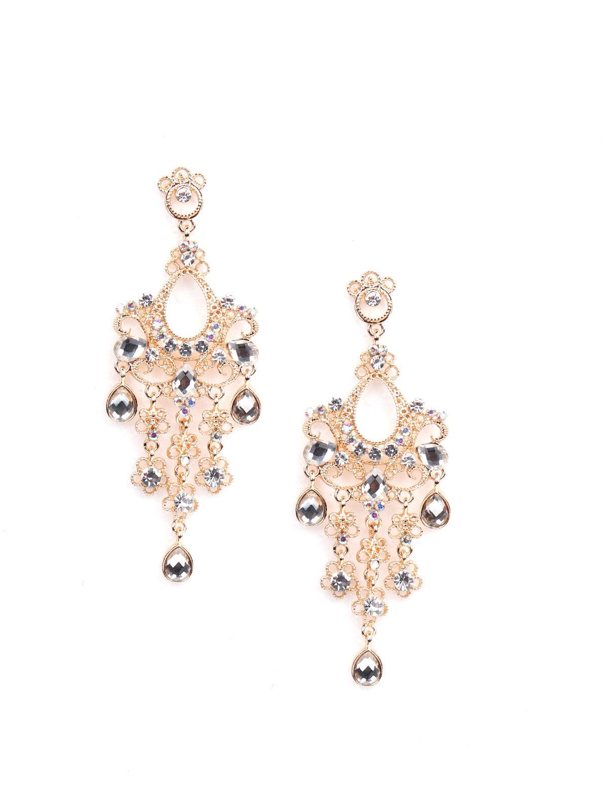Gold chandiler studded drop statement earrings for women - Odette