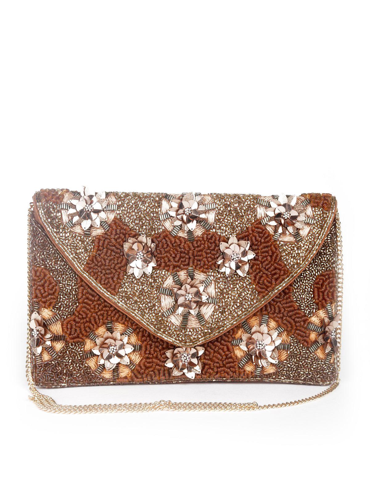 Gold Hue Fully Beaded Clutch/Sling Bag - Odette