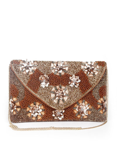 Gold Hue Fully Beaded Clutch/Sling Bag - Odette