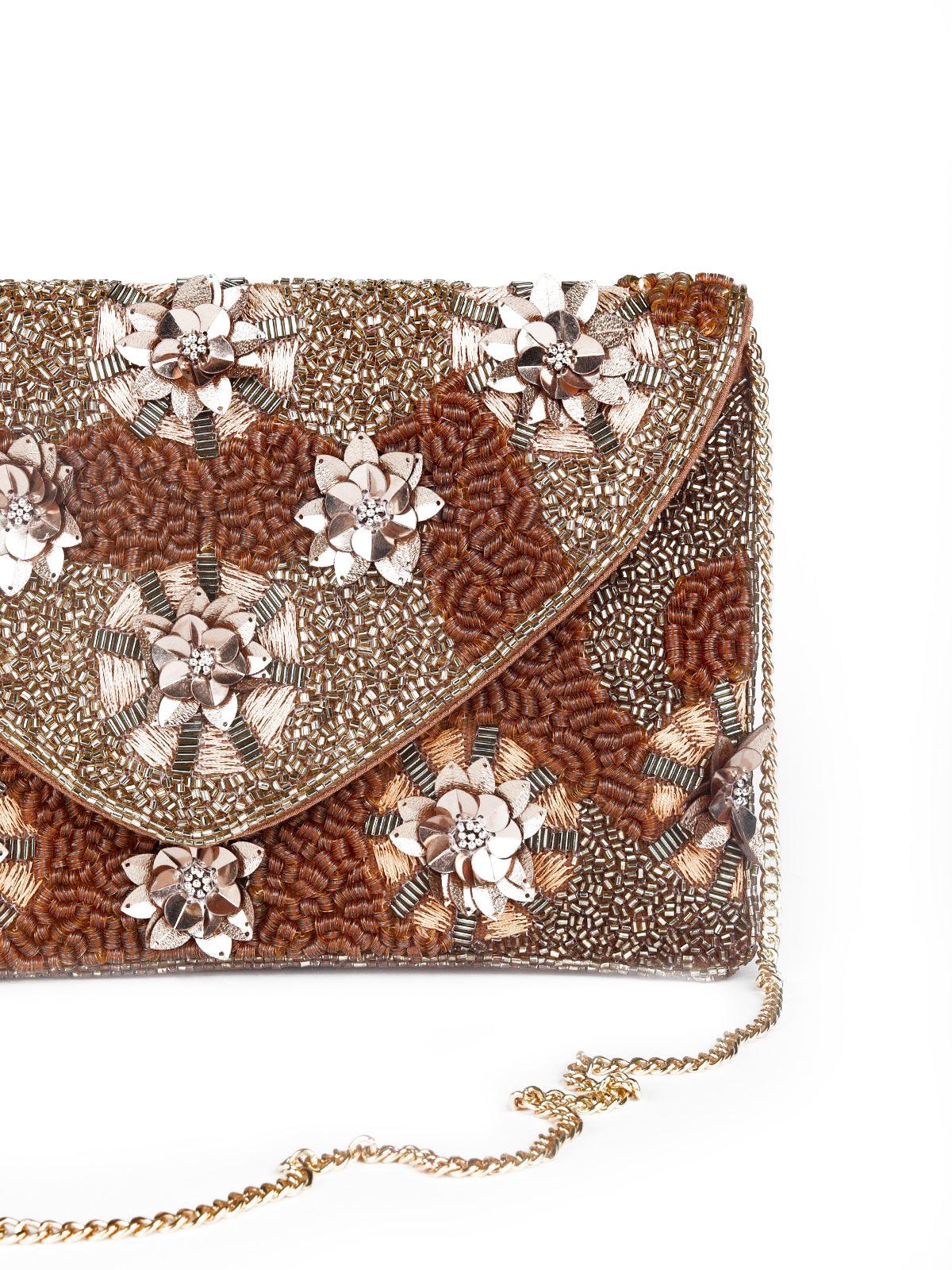 Gold Hue Fully Beaded Clutch/Sling Bag - Odette