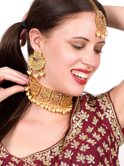 Gold semiprecious kundan & pearl necklace with earrings & maang teeka - Odette
