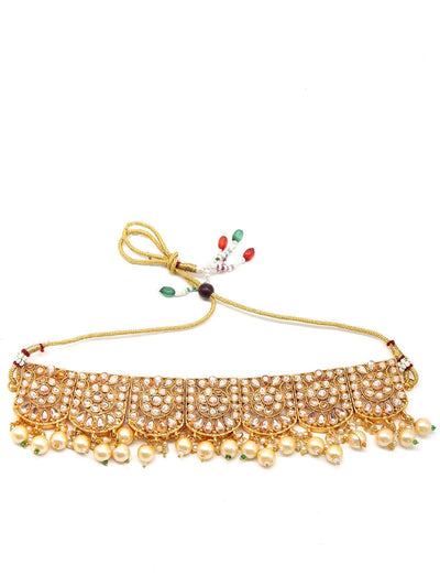 Gold semiprecious kundan & pearl necklace with earrings & maang teeka - Odette