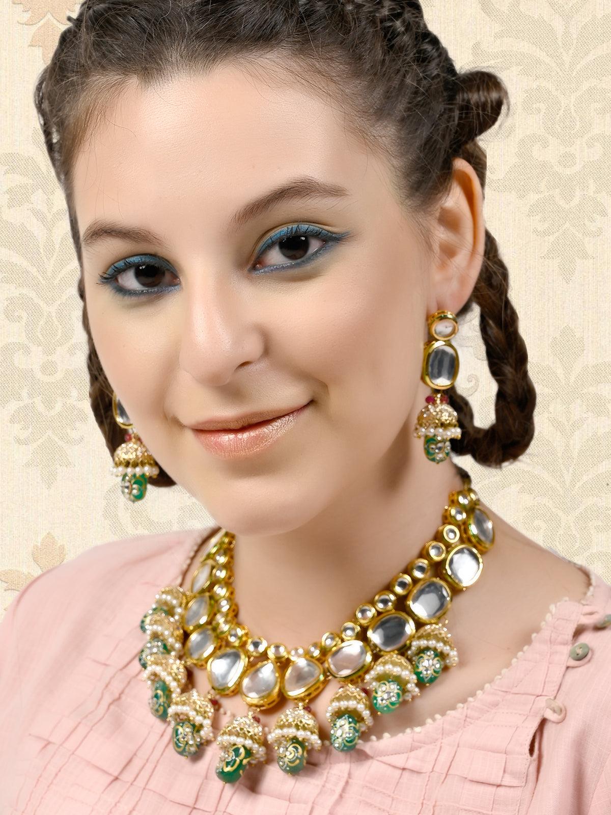 Gold Tone Kundan-Pearls Green Onyx Necklace Set&nbsp; - Odette