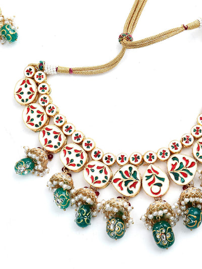 Gold Tone Kundan-Pearls Green Onyx Necklace Set&nbsp; - Odette