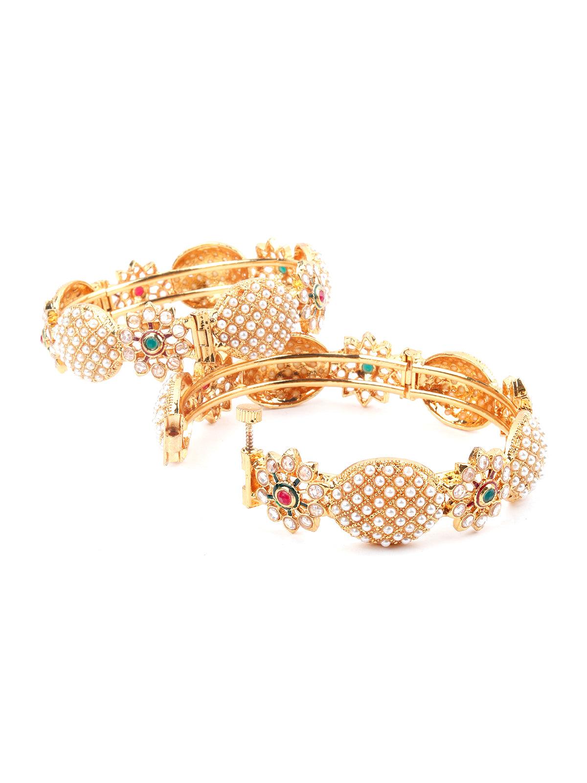 Gold Tone Pearl Studded Pair of Two Bangles! - Odette