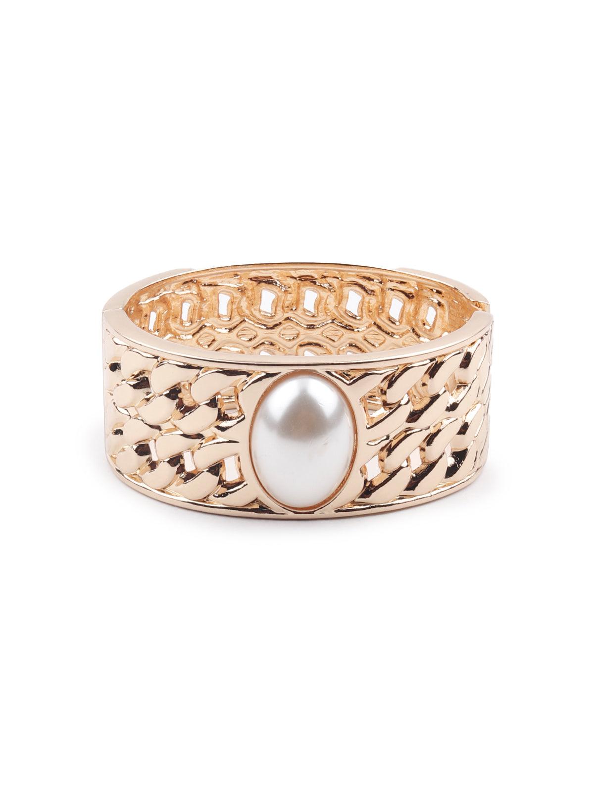 Gold-tone textured stunning white pearl embellished bracelet - Odette