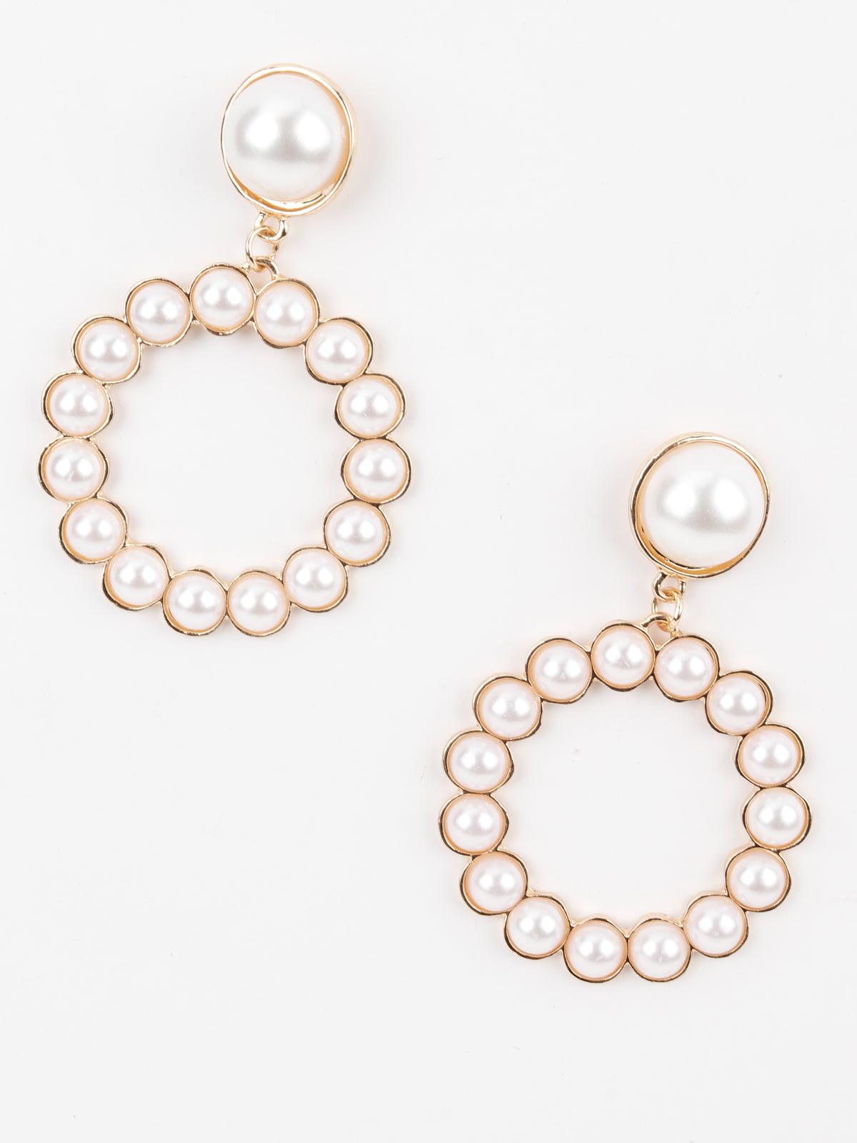 Gold Tone White Pearl Cute Dangle Earrings - Odette